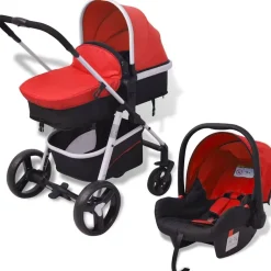 Transport De Bébés-vidaXL Poussette 3-en-1 Aluminium et noir Rouge
