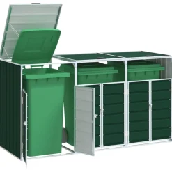 Produits Ménagers-vidaXL Rangement à roulettes pour poubelles pour trois bacs acier Vert