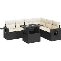 Mobilier De Jardin-vidaXL Salon de jardin 7 pcs avec coussins noir résine tressée Noir et cr&egrave;me