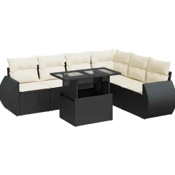 Mobilier De Jardin-vidaXL Salon de jardin 7 pcs avec coussins noir résine tressée Noir et cr&egrave;me