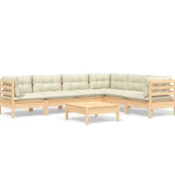 vidaXL Salon de jardin 7 pcs avec coussins crème bois de pin massif