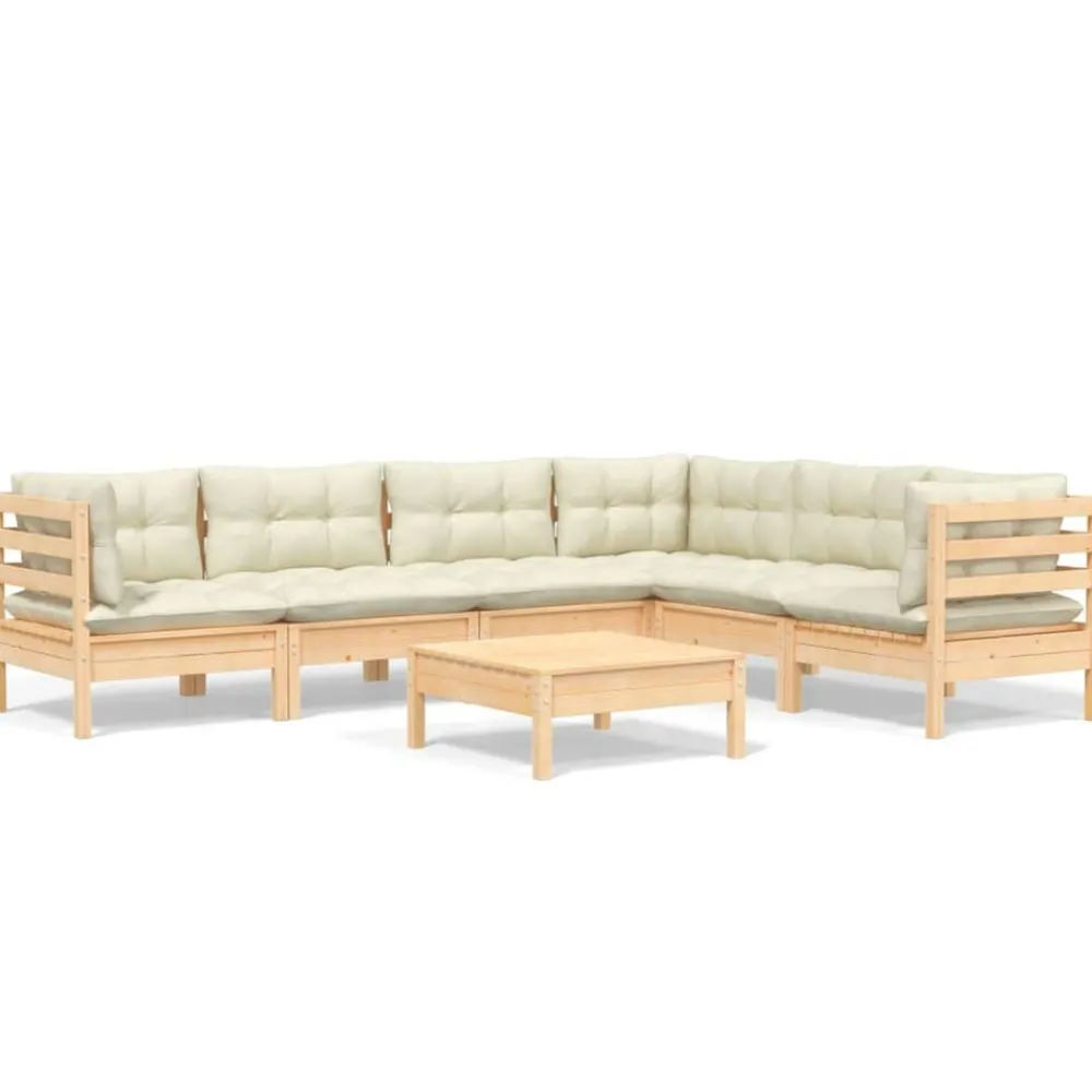 vidaXL Salon de jardin 7 pcs avec coussins crème bois de pin massif