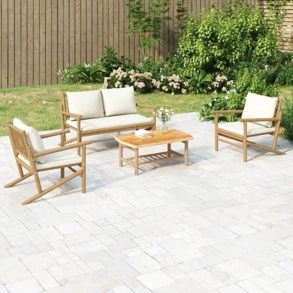 Mobilier De Jardin-vidaXL Salon de jardin 4 pcs avec coussins blanc crème bambou
