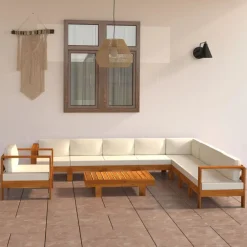 Mobilier De Jardin-vidaXL Salon de jardin 10 pièces avec coussins 100 x 60 cm Bois d'acacia Cr&egrave;me