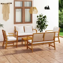 Mobilier De Jardin-vidaXL Salon de jardin 5 pcs avec coussin Bois d'acacia solide Cr&egrave;me