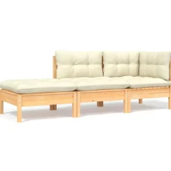 vidaXL Salon de jardin 3 pcs avec coussins crème Bois de pin massif