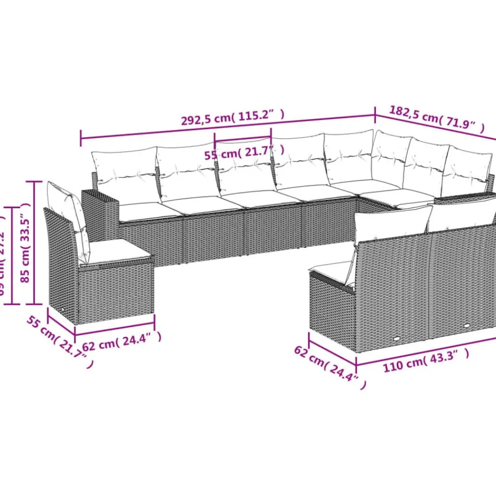 vidaXL Salon de jardin avec coussins 10 pcs résine tressée
