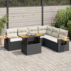 vidaXL Salon de jardin avec coussins 7 pcs noir résine tressée acacia