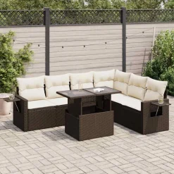 Mobilier De Jardin-vidaXL Salon de jardin avec coussins 7 pcs marron résine tressée Marron et cr&egrave;me