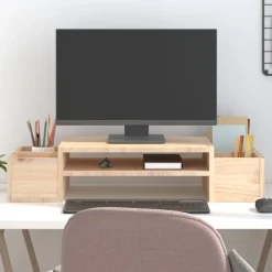 Appareils Électroniques-vidaXL Support pour moniteur 70x27,5x15 cm Bois de pin solide Naturel