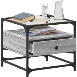 Tables-vidaXL Table basse avec dessus en verre 50x50x45 acier Sonoma gris