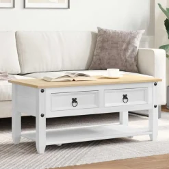 Tables-vidaXL Table basse avec tiroir 100 x 48 x 45 cm Pin massif Blanc