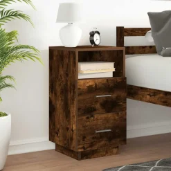 Tables-vidaXL Table de chevet avec 2 tiroirs chêne fumé 36x36x68 cm Ch&ecirc;ne fumé