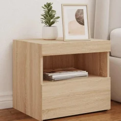 Tables-vidaXL Table de chevet avec lumières LED chêne sonoma 50x40x45 cm Ch&ecirc;ne sonoma