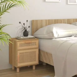 Tables-vidaXL Table de chevet Bois de pin massif et rotin naturel Marron