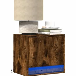 vidaXL Table de chevet murale avec lumières LED chêne fumé
