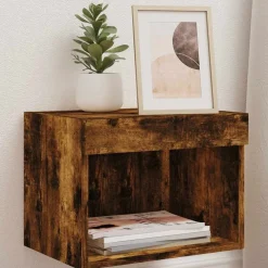 vidaXL Table de chevet murale avec lumières LED chêne fumé