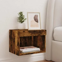 vidaXL Table de chevet murale avec lumières LED chêne fumé