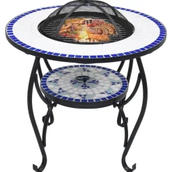 Cheminées-vidaXL Table de foyer mosaïque et blanc 68 cm Céramique Bleu
