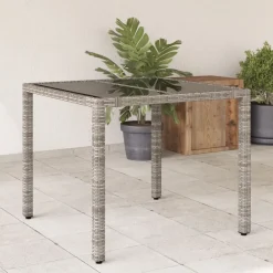 vidaXL Table de jardin dessus en verre 90x90x75 cm Résine tressée