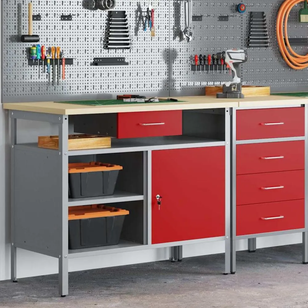 Accessoires De Quincaillerie-vidaXL Établi avec tiroir avec étagère et Gris 100 x 55 x 85 cm Rouge