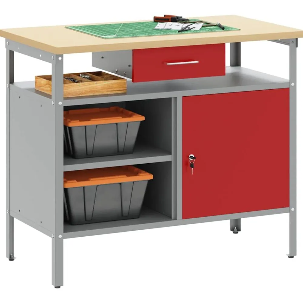 Accessoires De Quincaillerie-vidaXL Établi avec tiroir avec étagère et Gris 100 x 55 x 85 cm Rouge