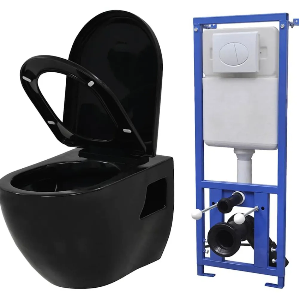 Plomberie-vidaXL Toilette suspendue au mur avec réservoir caché Céramique Noir