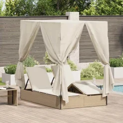 Mobilier De Jardin-vidaXL Transat double Réglable Beige 205 x 129 x 200 cm polyrotin beige et blanc cr&egrave;me