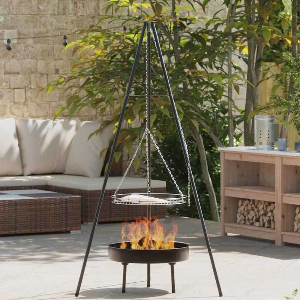 vidaXL Trépied de Feu de Camp 3 pcs Noir Acier