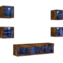 Meubles Tv-vidaXL Unités murales TV avec LED 7 pcs chêne fumé bois d'ingénierie Ch&ecirc;ne fumé