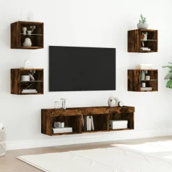 Meubles Tv-vidaXL Unités murales TV avec LED 7 pcs chêne fumé bois d'ingénierie Ch&ecirc;ne fumé