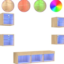 Meubles Tv-vidaXL Unités murales TV avec LED 7 pcs chêne sonoma bois d'ingénierie Ch&ecirc;ne sonoma