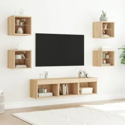 Meubles Tv-vidaXL Unités murales TV avec LED 7 pcs chêne sonoma bois d'ingénierie Ch&ecirc;ne sonoma