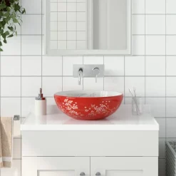 Plomberie-vidaXL Vasque à poser rond Φ41x14 cm céramique blanc et rouge