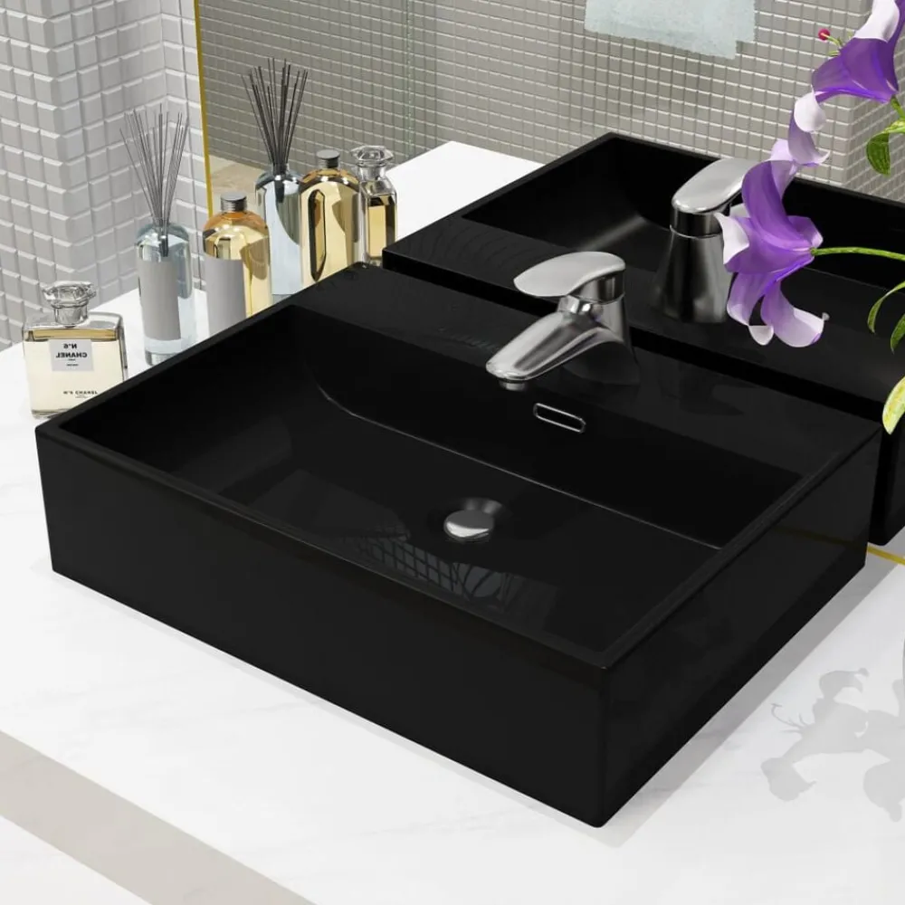 Plomberie-vidaXL Vasque avec trou de robinet en céramique 51,5x38,5x15 cm Noir