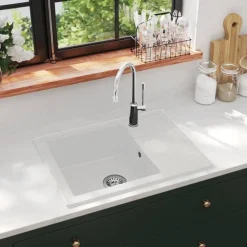 Plomberie-vidaXL Évier de cuisine avec trou de trop-plein ovale Granit Blanc