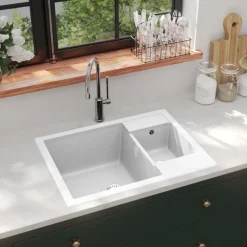 Plomberie-vidaXL Évier de cuisine deux lavabos trou de trop-plein Granit Blanc