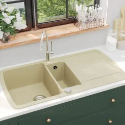 Plomberie-vidaXL Évier de cuisine Granit Double lavabo Beige