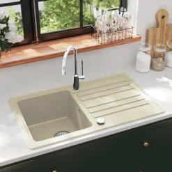 Plomberie-vidaXL Évier de cuisine Granit Seul lavabo Beige