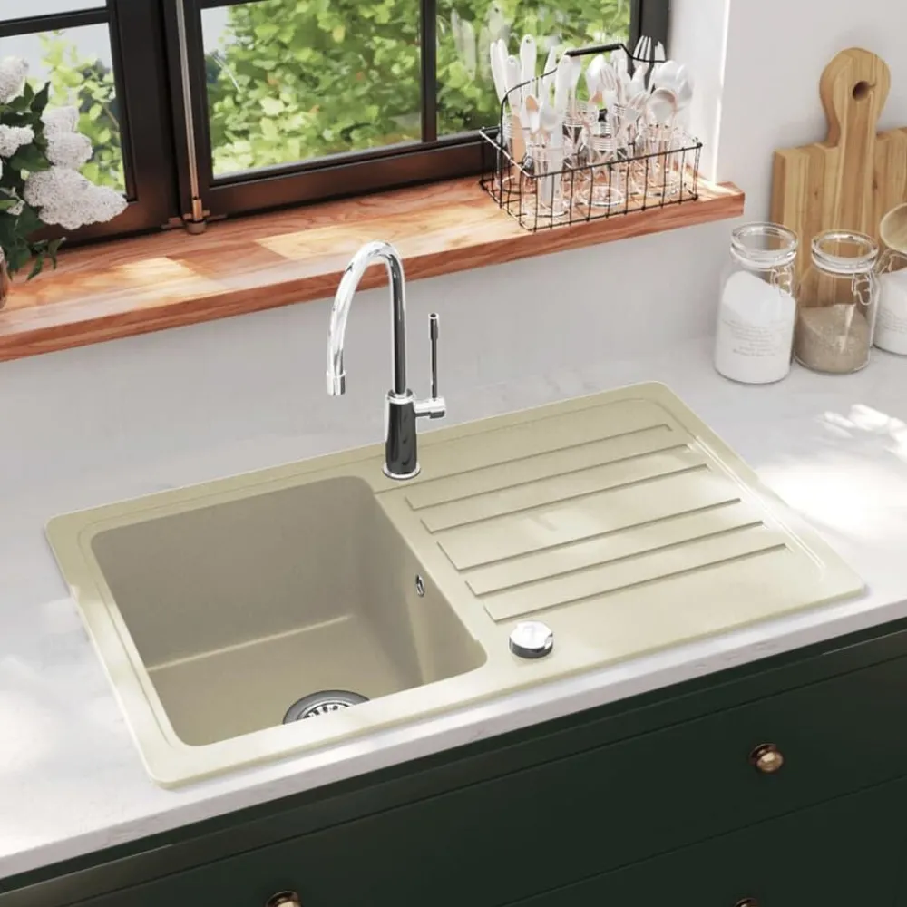 Plomberie-vidaXL Évier de cuisine Granit Seul lavabo Beige
