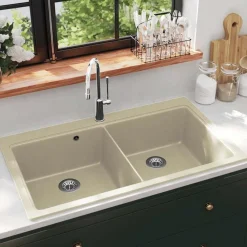 Plomberie-vidaXL Évier de cuisine Granit Double lavabo Beige