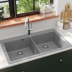 vidaXL Évier de cuisine encastrable à 2 bacs en granite blanc